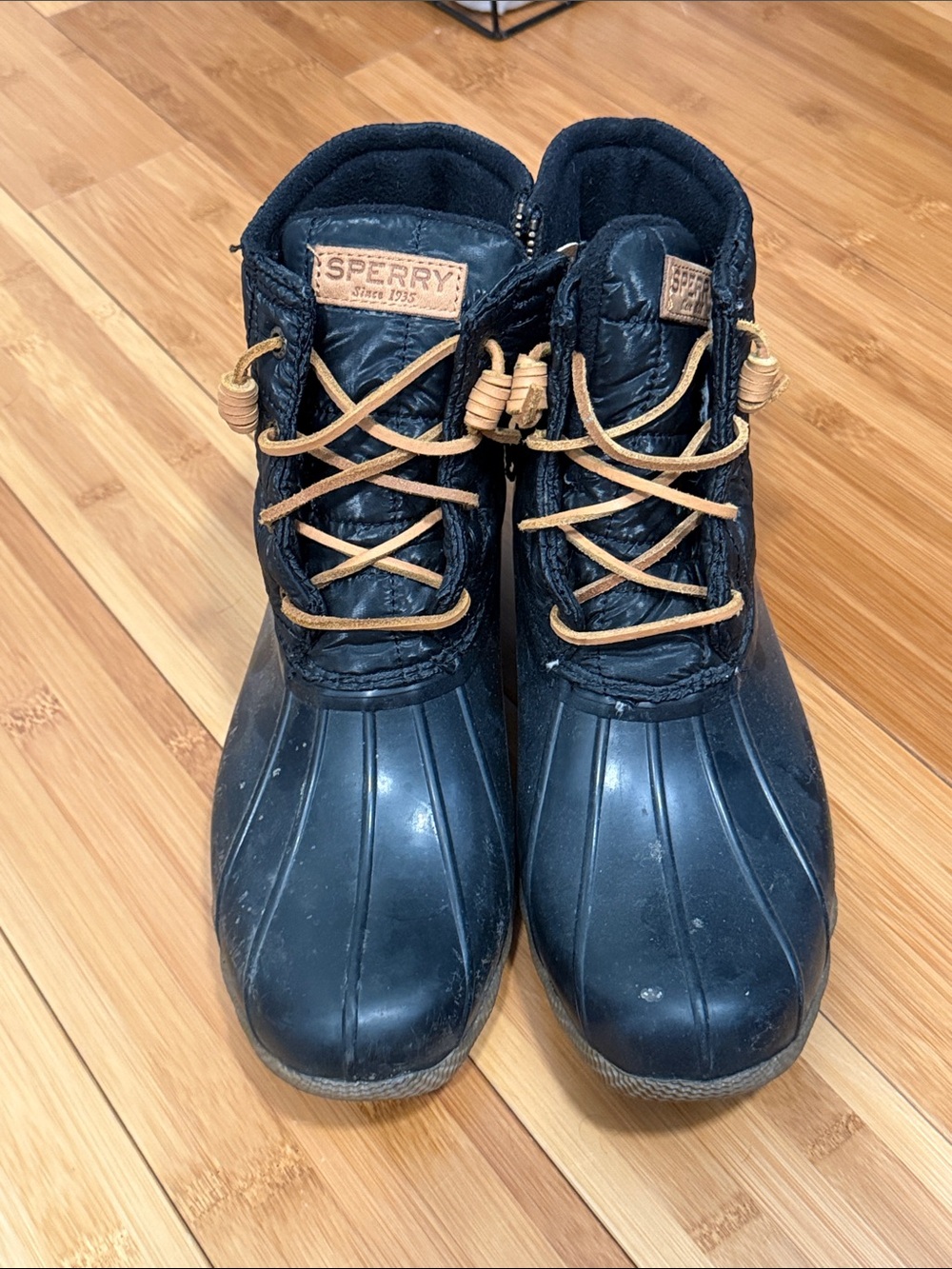 Sperry Black Quilted Duck Boots with Tan Laces